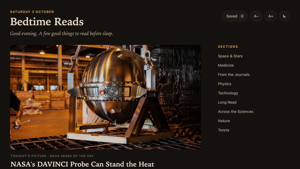 Bedtime Reads, a dark reading page with tonight's NASA picture and a list of sections