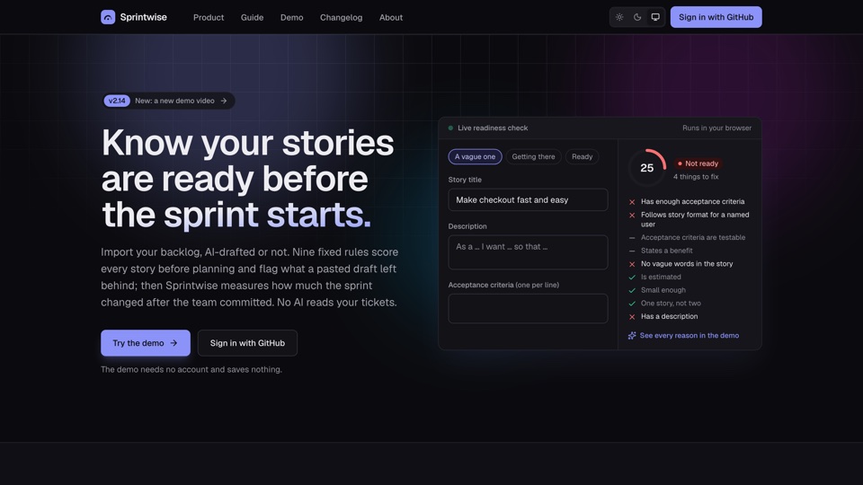 Sprintwise home page: know your stories are ready before the sprint starts, with a live readiness check scoring a story 25 out of 100